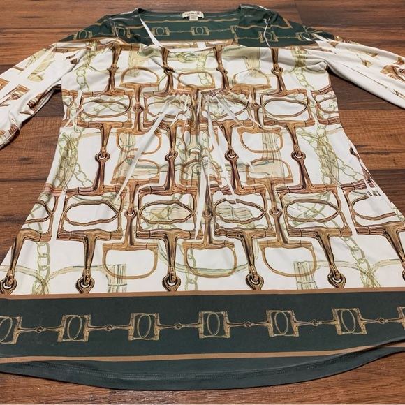 One World Green Blouse Top 3/4 Sleeve Women's Size L Horse Bit Print - Picture 3 of 9